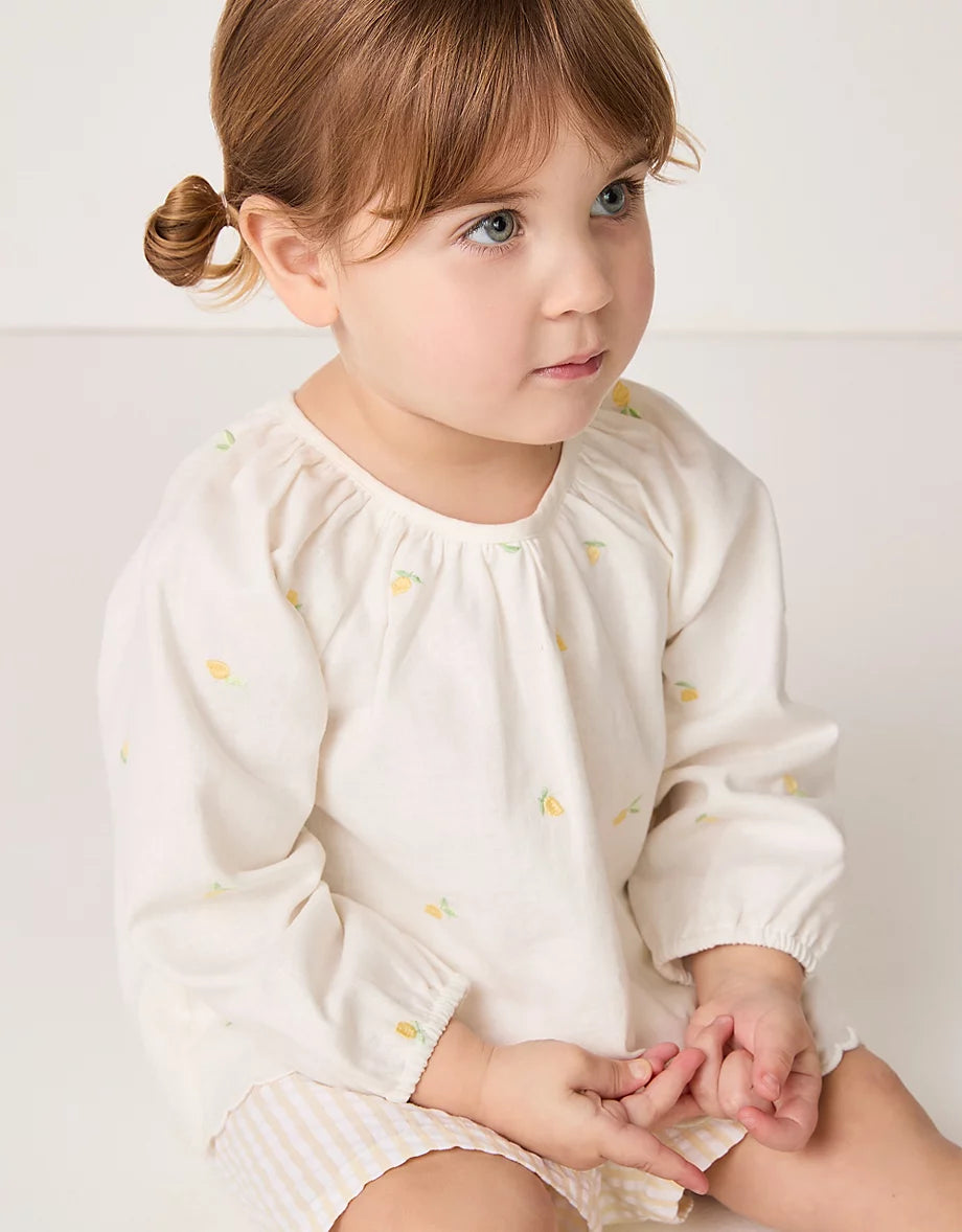 Organic Cotton Linen Lemon Top & Seersucker Stripe Shorts Set (0–18mths)